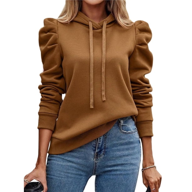 Sudadera con Capucha de Larga Abullonada y Cordón Ajustable para Mujer, Estilo Informal, para Otoño e Invierno Marrón Oscuro M