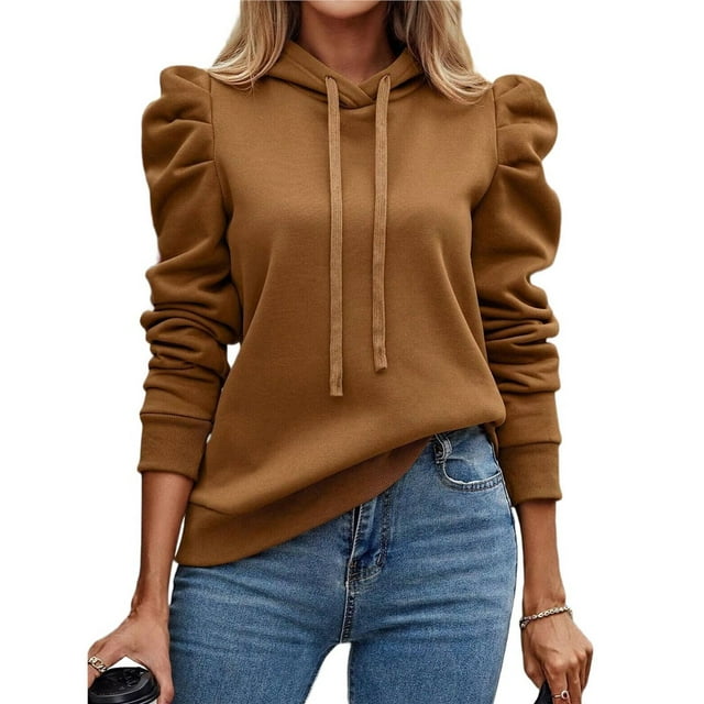 Sudadera con Capucha de Larga Abullonada y Cordón Ajustable para Mujer, Estilo Informal, para Otoño e Invierno Marrón Oscuro M