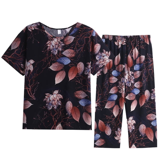 Lovskoo Cotton Linen Set for Women Summer Casual Solid Set Printed Short Sleeve Round Neck Top Pants Suit Thin Weared Outer Home Suit Black