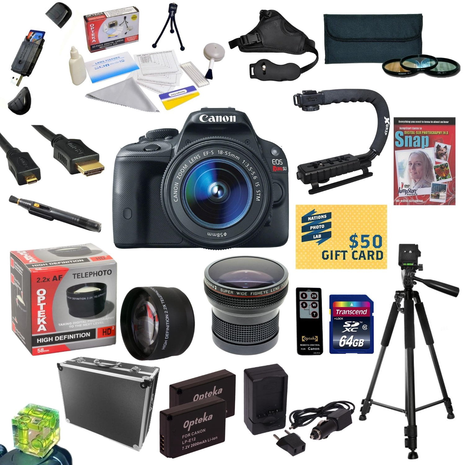 Canon EOS Rebel SL1 DSLR Camera with EF-S 18-55mm f/3.5-5.6 IS STM Lens  With 32GB SDXC Card, 2 Batteries, Charger, .20x and 2.2x Lens, 3 PC Filter  Kit, HDMI Cable, Case, Remote