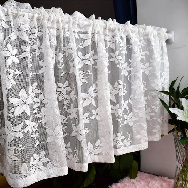 Cortina corta de encaje blanco para ventana de cocina Jacquard Floral transparente
