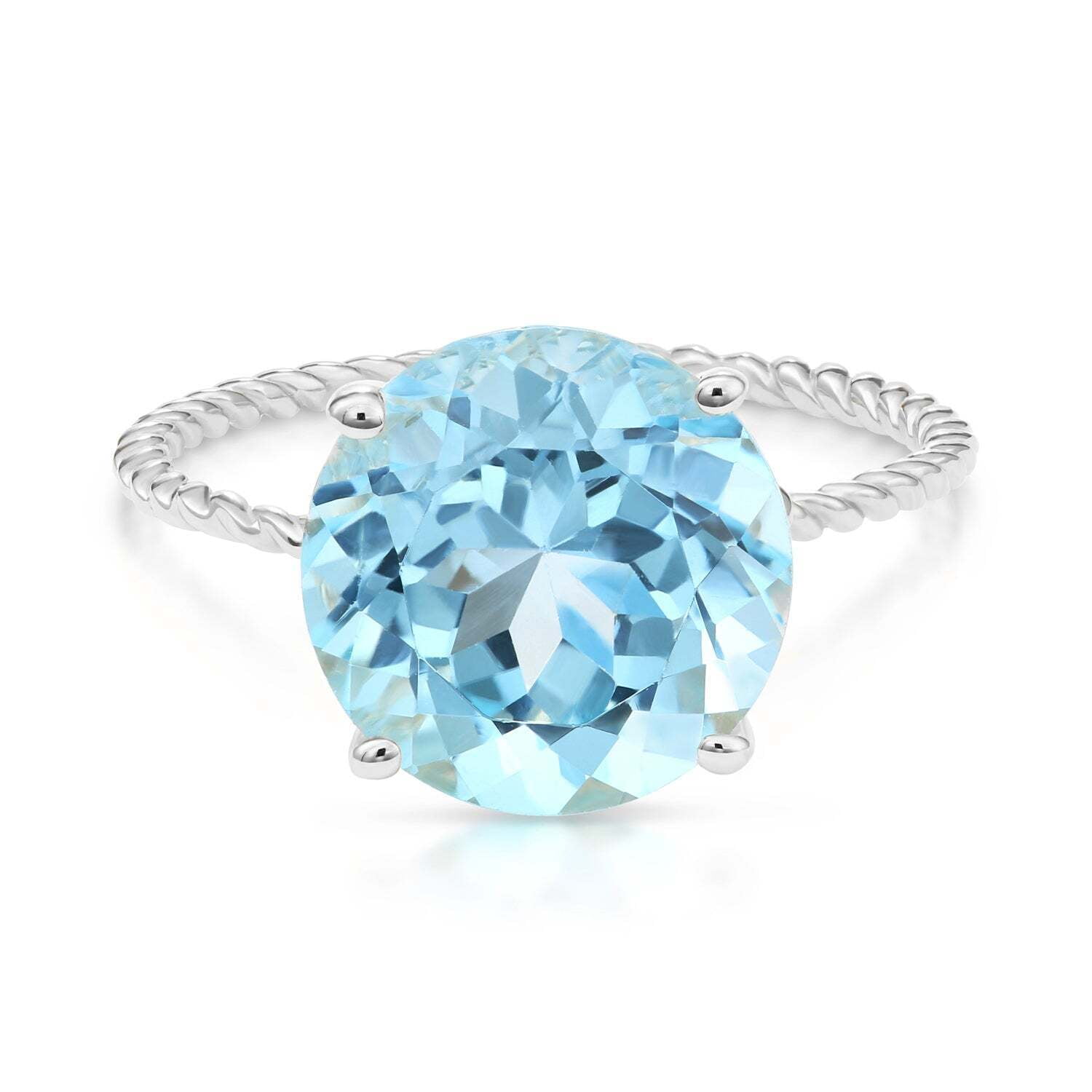Tilo Jewelry Solid 925 Sterling Silver 5 Carat Natural Sky Blue Topaz Solitaire Engagement Ring with Twist Rope Band | Size 9 | Gemstone Statement Ring for Women, Girls, Unisex