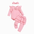 thumbnail image 5 of masbird Baby Girl's 3pc Rib Frill Long Sleeve Romper and Pant Set Headband 0 3 6 9 12 18 24 Months,Pink,12-18 M, 5 of 6
