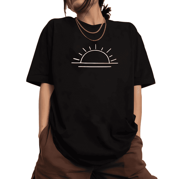 Women's Black Print Tshirt Graphic Tees Shirts Minimalist Sunset Art Design Tops S-5XL