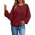 thumbnail image 2 of Qulqfy Long Sleeve Tops for Women Oversized Red Ribbed Going Out Blouses Casual Crew Neck Shirts for Women, 2 of 8