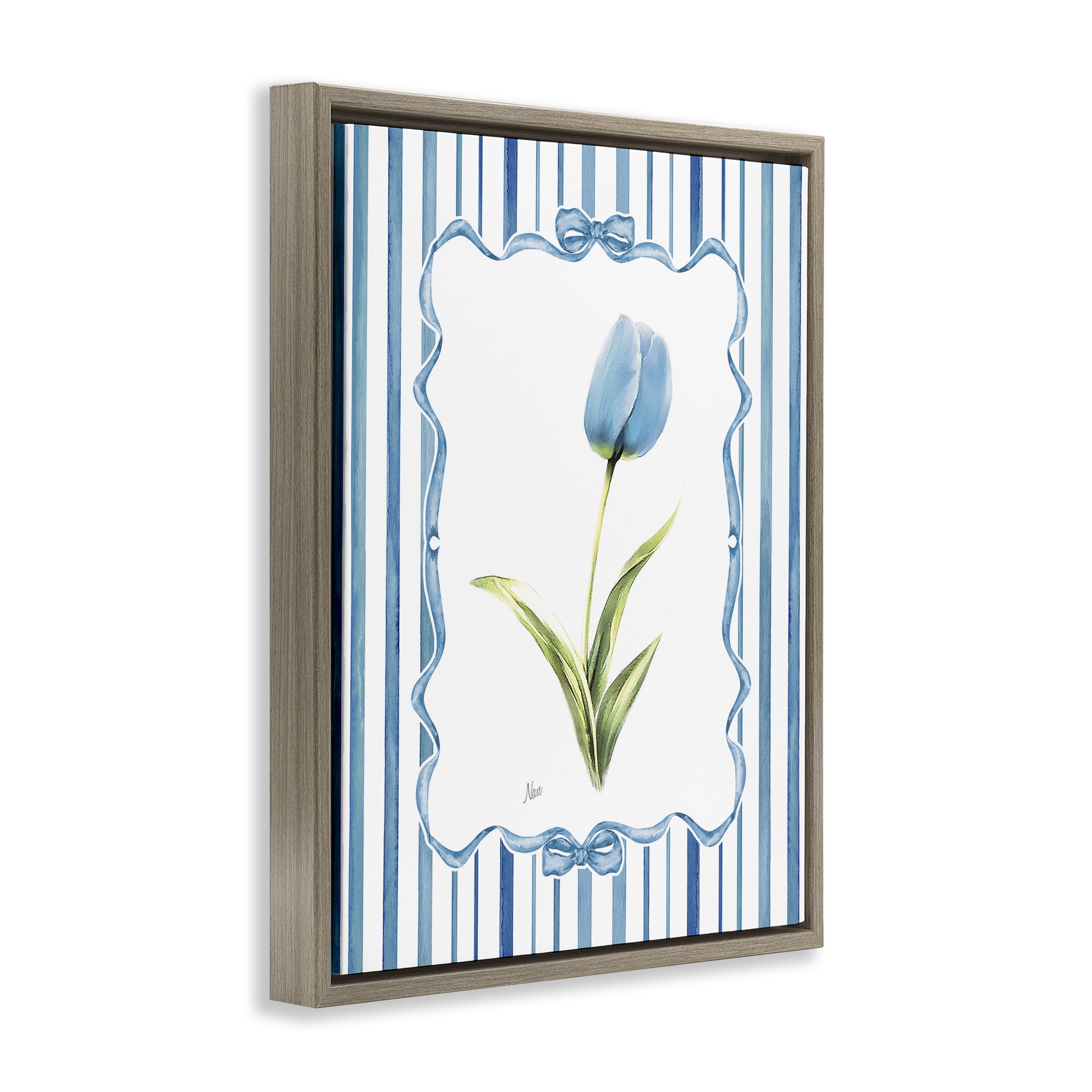 Stupell Industries Blue Tulip & Ribbon Border Brown Framed Floater Canvas Wall Art, design by Nan
