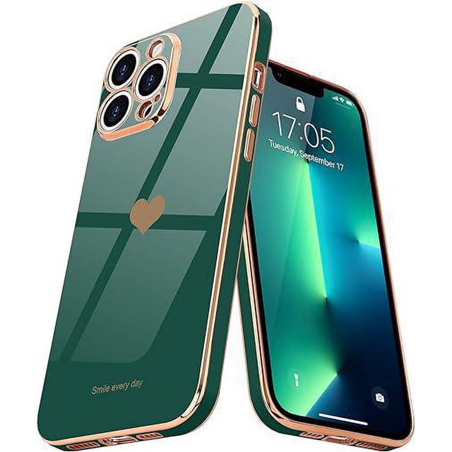 (Verde) Funda para iPhone 13 Pro, funda delgada de silicona chapada en oro con patrón de corazón, cubierta protectora a prueba de golpes y antiarañazos