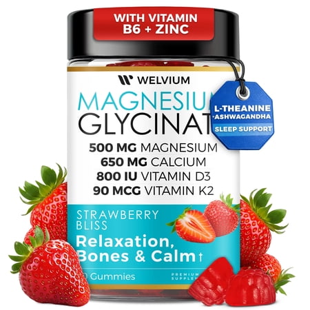 WELVIUM Magnesium Glycinate Gummies for Sleep, Calm with L-Theanine, Ashwagandha - 500mg Magnesium Glycinate, D3, K2, B6, Calcium, Zinc, Potassium Supplement for Muscle, Immune and Bone Support