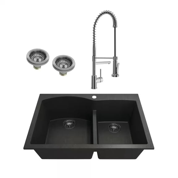 BOCCHI 1602-505-2019CH Dual Mount Granite Composite 33" 2 Bowl Kitchen Sink Kit