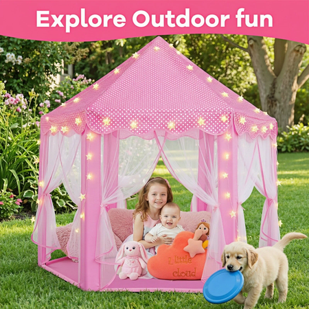WILWOLFER PRINCESS PLAY TENT FOR GIRLS WITH RUG & STAR LIGHTS – PINK INDOOR CASTLE PLAYHOUSE FOR KIDS, PRETEND PLAY TOY FOR INDOOR & OUTDOOR USE