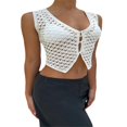 thumbnail image 4 of Women Summer Vest Sleeveless V Neck Buttons Solid Color Hollow Out See Through Crop Tank Tops, 4 of 6