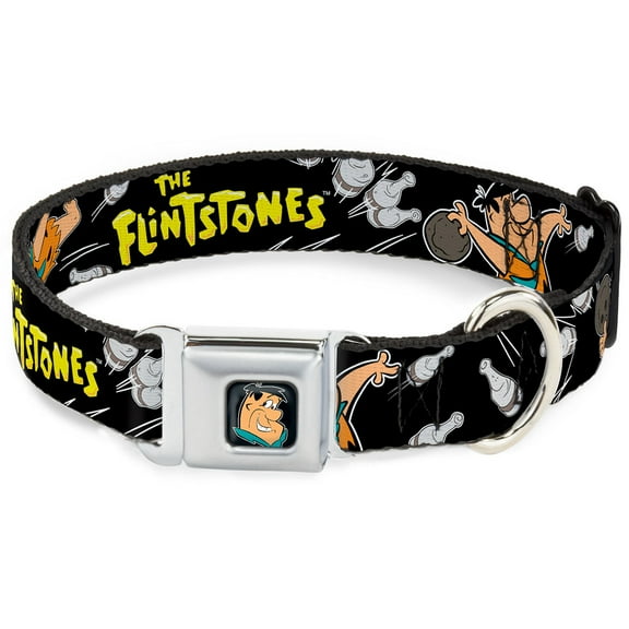The Flintstones Pet Collar, Dog Collar Metal Seatbelt Buckle, The Flintstones Fred Bowling Poses Bowling Pins Black, 9.5 to 13 Inches 1.0 Inch Wide
