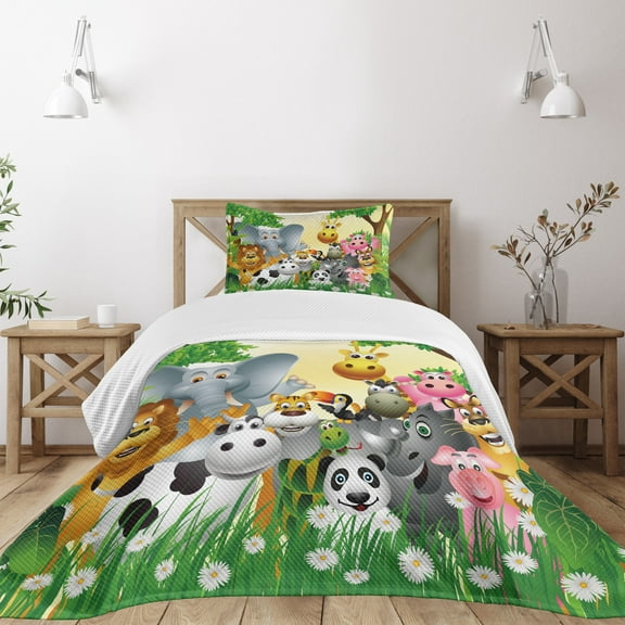 Ambesonne Animal Quilted Bedspread Set 2 Pcs, Animals Jungle, Twin Size, Multicolor
