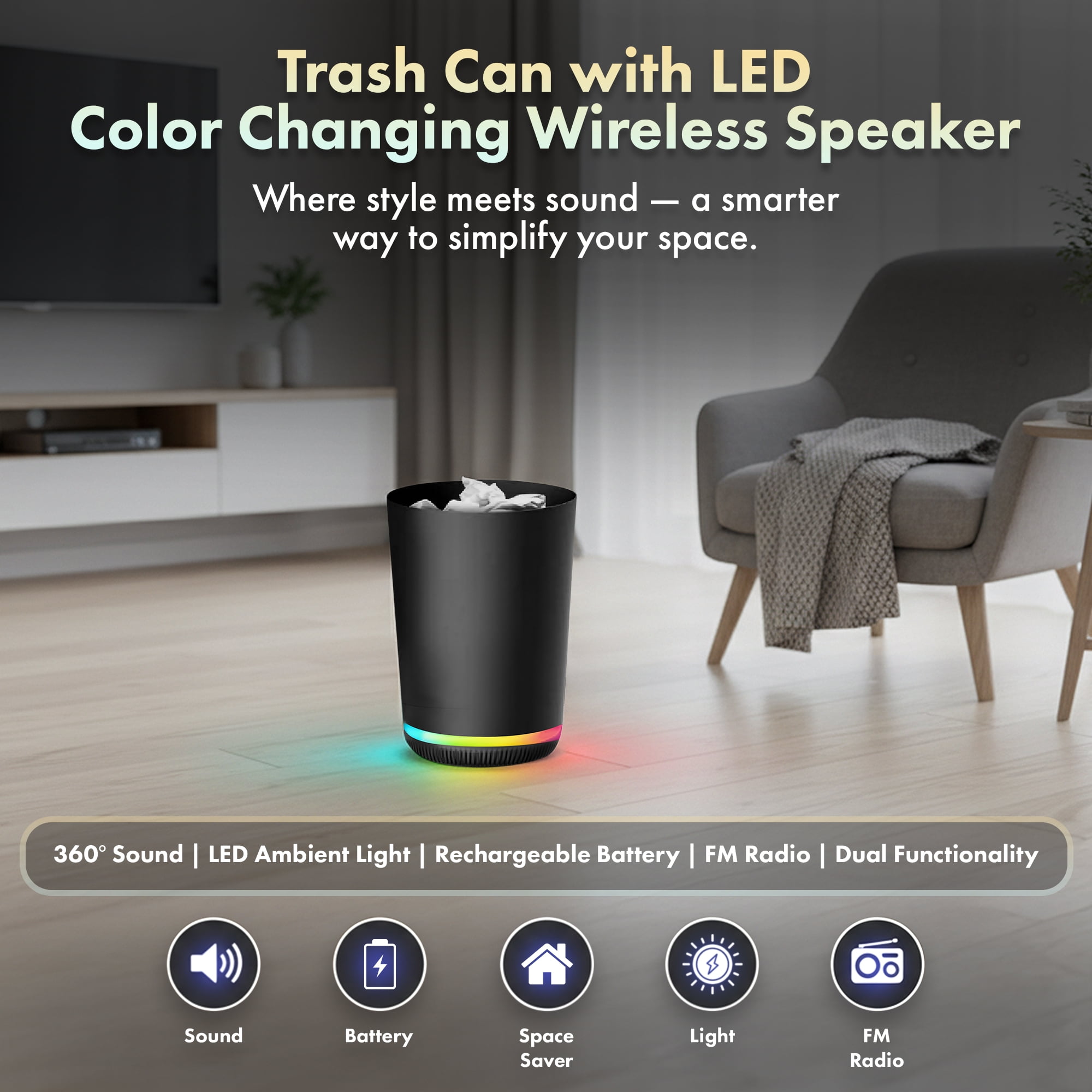 Trash Can with LED Color Changing Wireless Speaker with Radio, 9.8L Black Trash Can Speaker