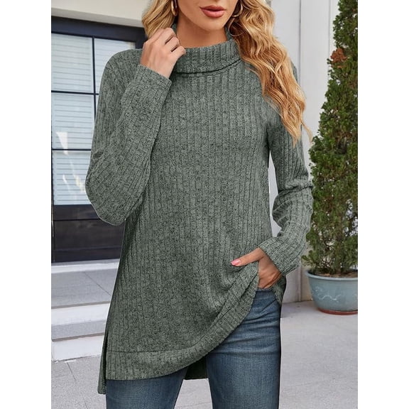 Women’s Tunic Tops Turtleneck Long Sleeve Shirts Clothing Ribbed Side Split Solid Color tunic-shirts