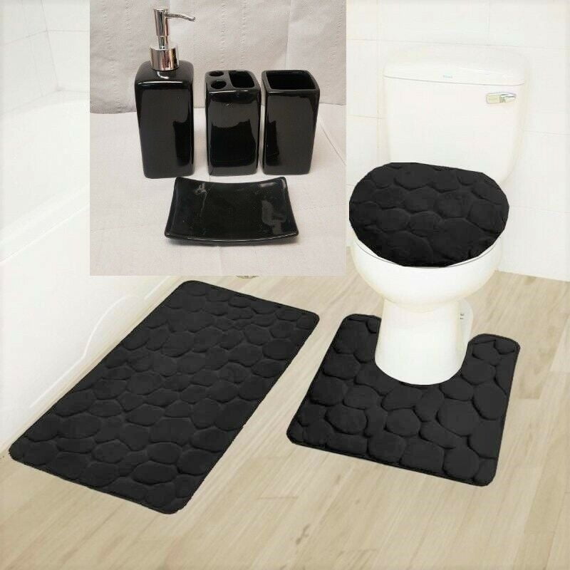 Black Gray High Pile 3 Piece Bathroom Set Bath Mat Contour Rug & Lid Cover 