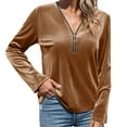 thumbnail image 7 of Lenpel Velvet Tops for Women Trendy Half Zip Long Sleeve T Shirts Loose Vintage Tees Dressy Casual Velour Blouses(Khaki,X-Large), 7 of 7
