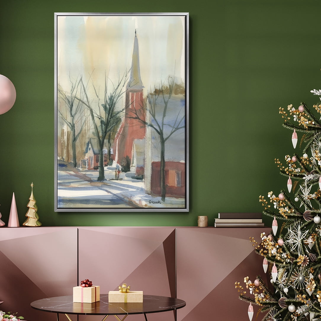 New England Main Street - Framed Gallery Wrapped Holiday Canvas - 17 x 25 - Silver Frame