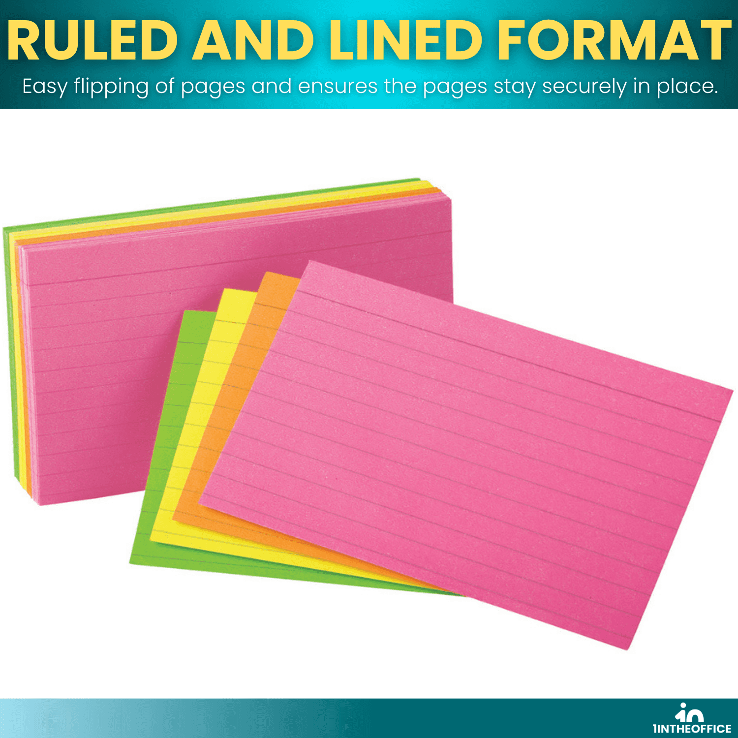 1InTheOffice Ruled Neon Index Cards 3x5, Ruled Index Cards, Assorted Neon Color, 300 Pack