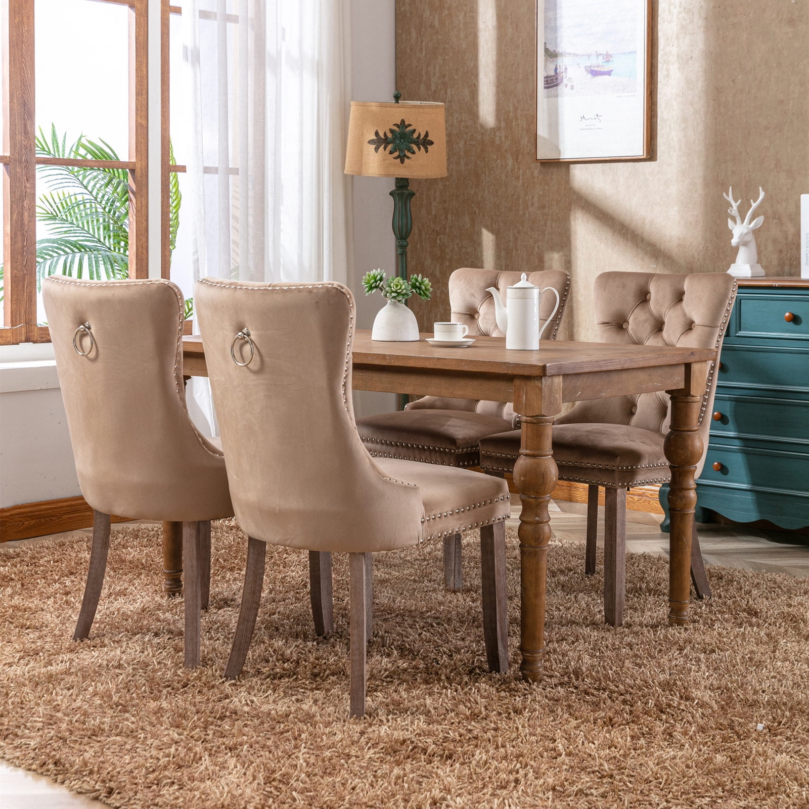 Gewnee 2 Piece Sets Modern High-end Tufted Solid Wood Khaki Velvet Upholstered Dining Chair with Wood Legs Nailhead Trim