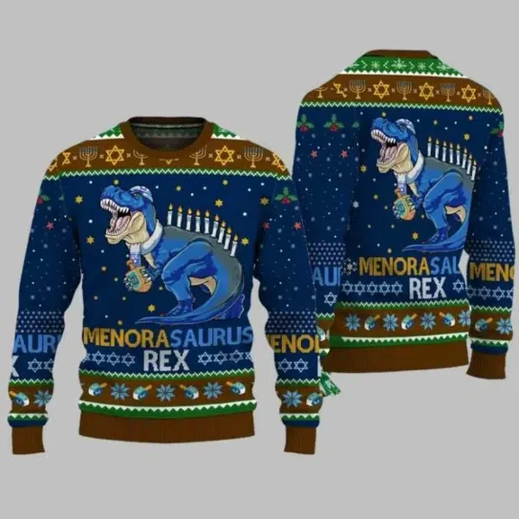 Menora Saurus Rex 3D Christmas Sweater