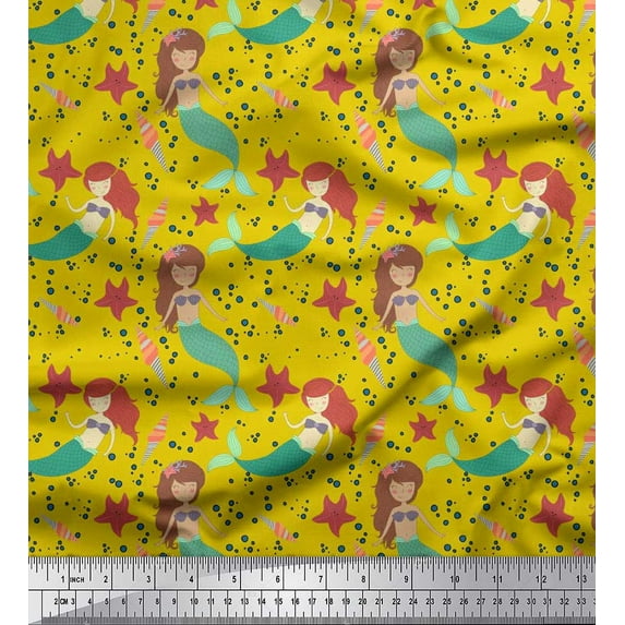 Soimoi Rayon Fabric Mermaid & Starfish Ocean Print Fabric by The Yard 56 Inch Wide