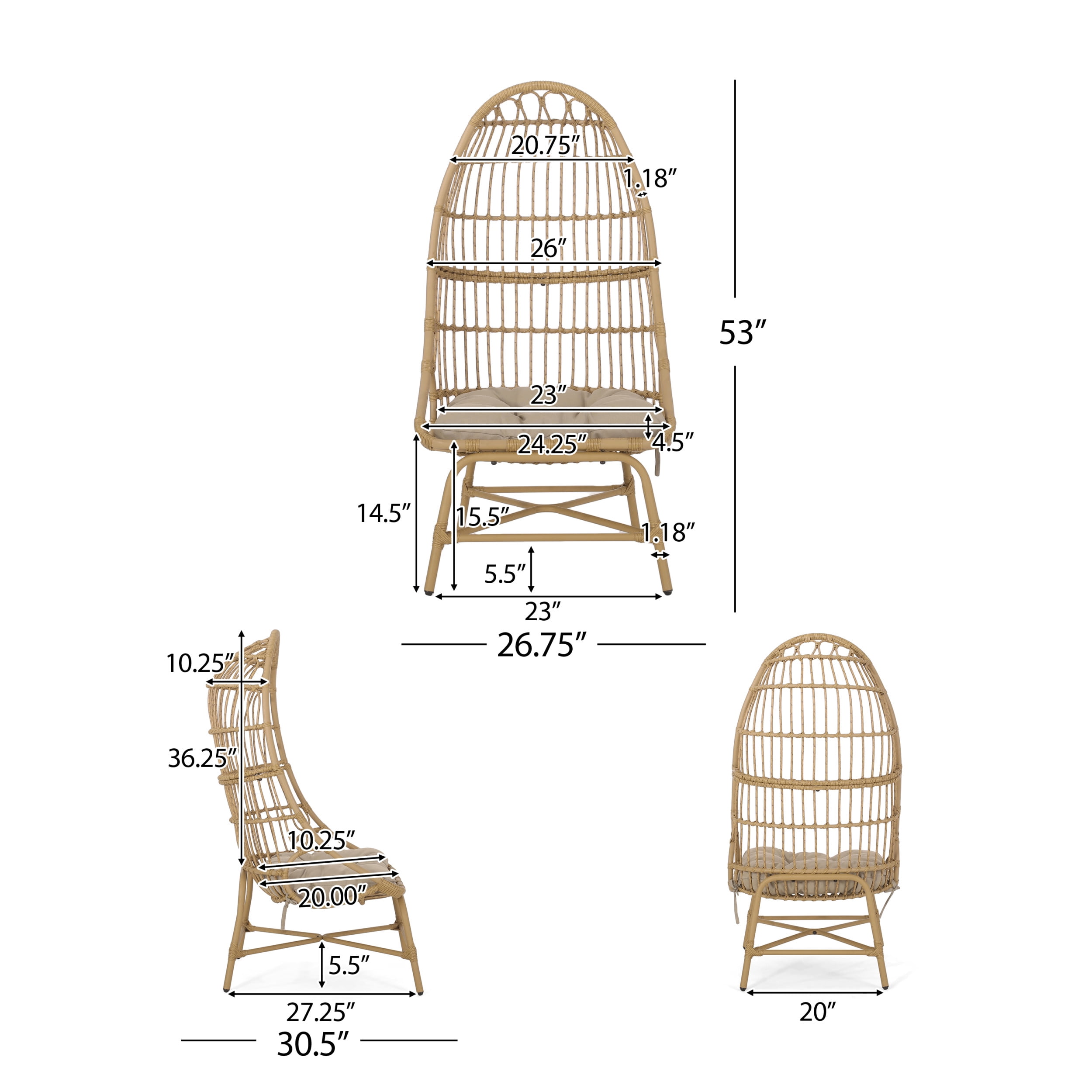 Shelton Wicker Outdoor Basket Chair with Cushion, Beige and Light Brown