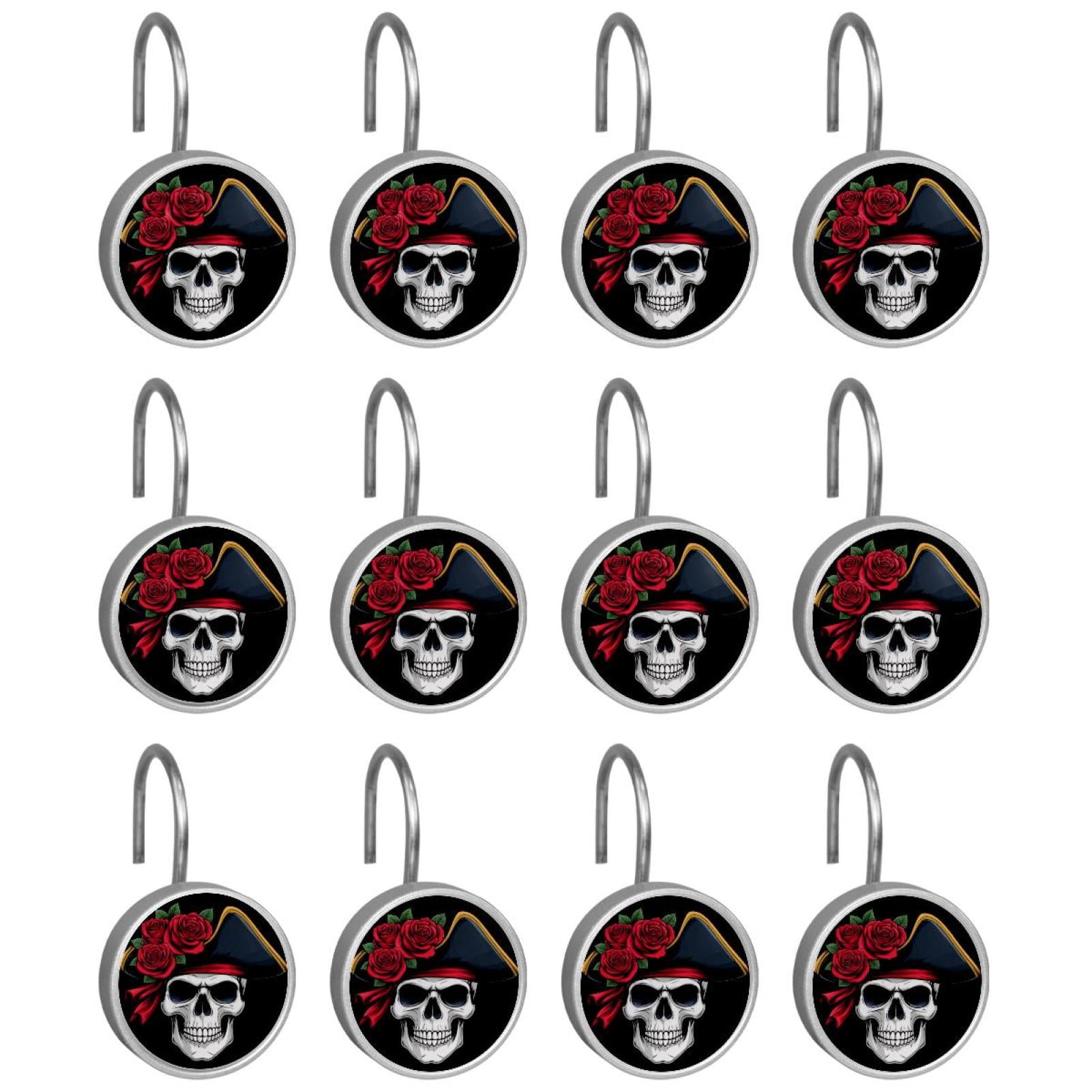 12pcs Decorative Shower Curtain Hooks, Rust Resistant Shower Rings for Bathroom Living Room,Rustproof Stainless Steel Rings for Shower Curtain and Liner Rods,Red Rose Skull
