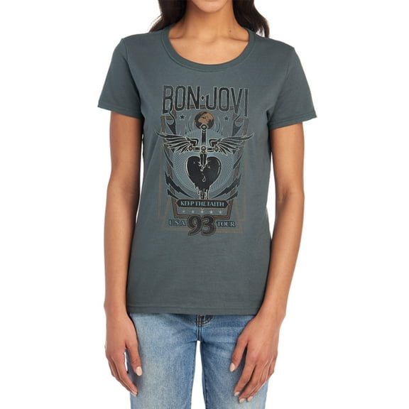 Bon Jovi Keep The Faith Women's T Shirt (Medium) Charcoal