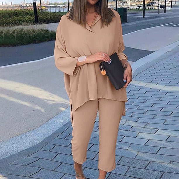 Puntoco Mujer Casual Verano Sólido Manga Larga Tops y Pantalones Largos Dos Conjuntos Traje Liquidación Puntoco Puntoco-5886