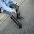 thumbnail image 3 of Bottes Plates pour Femmes Hauteur Genou Bout Rond Fermeture Éclair avec Doublure en Fourrure, Cuir Mat Talon Bas Bloc Style Western Bottes Hautes Boucle Style Cowboy Mode Chaudes pour Chaussures d'Hiver pour Femmes Filles, 3 of 6