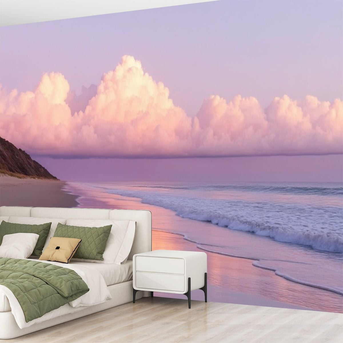 Peel and Stick Wallpaper Beach Pink Clouds Reflective Water Gentle Waves Distant Hills Pink Modern Art Wall Mural Decor Self Adhesive and Removable 69in x 98in