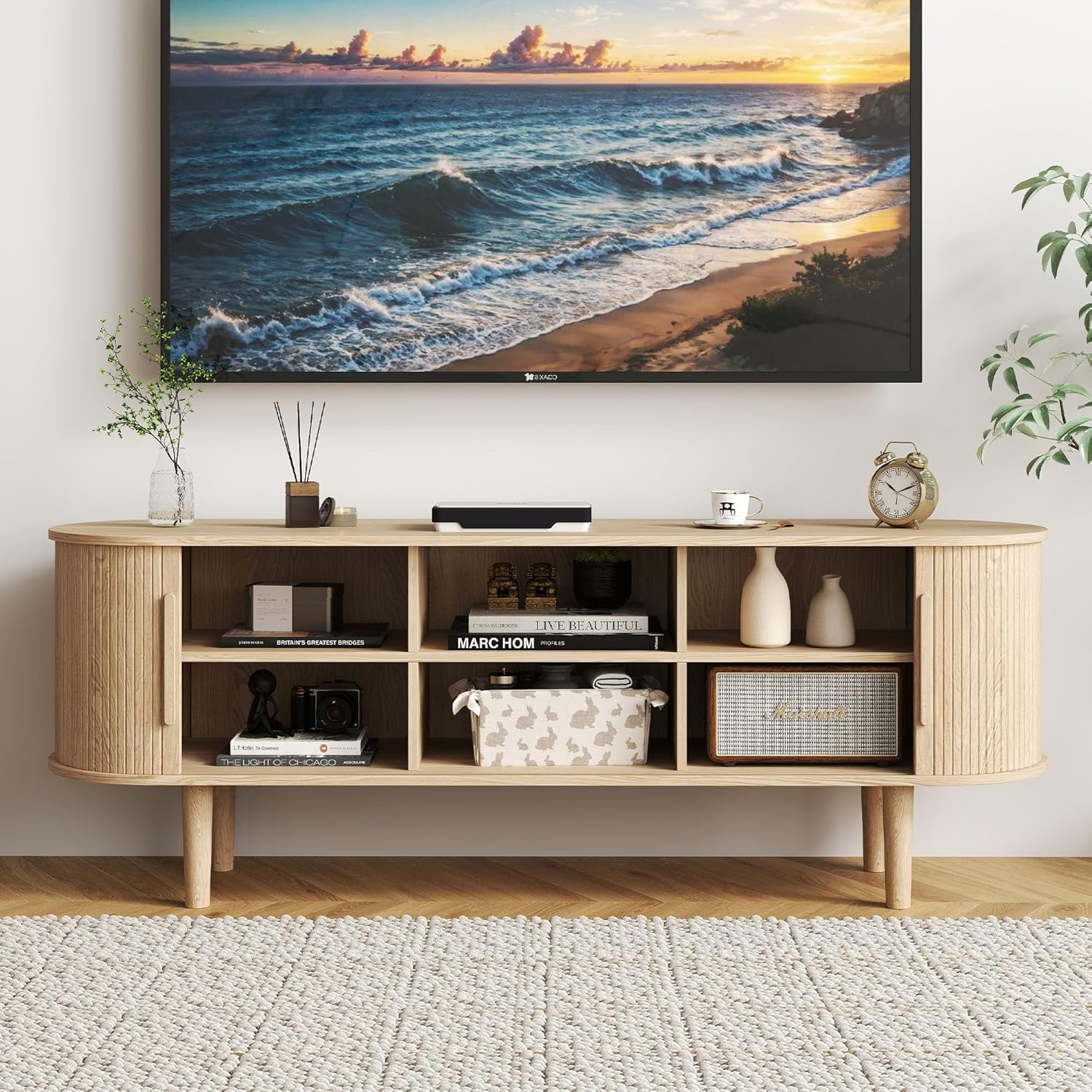 60" TV Stand with Tambour Door,Wood Entertainment Center with Storage and Shelves, FlutedTV Console Table for Living Room, Bedroom (Natural)