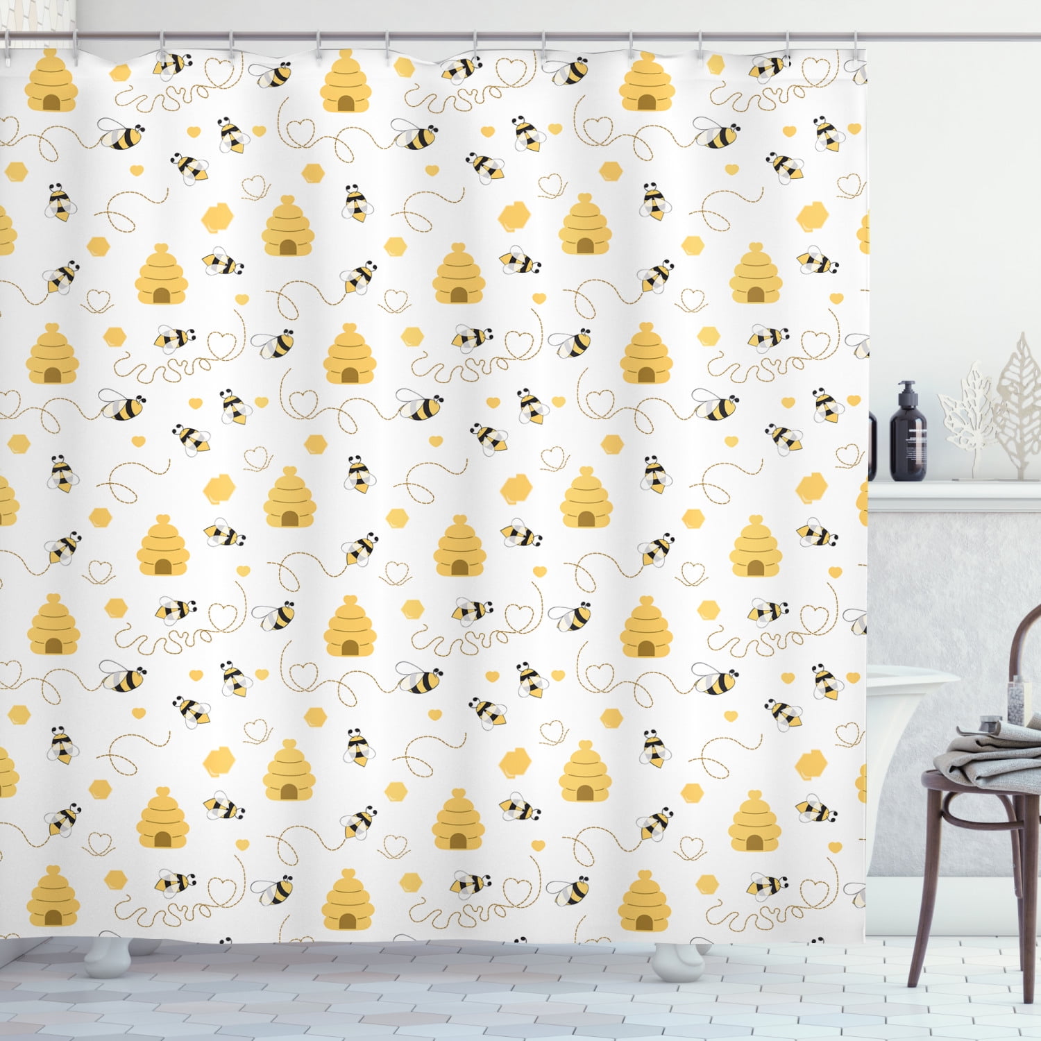 Bee Shower Curtain, Pattern of Flying Bugs Forming Heart Shapes with