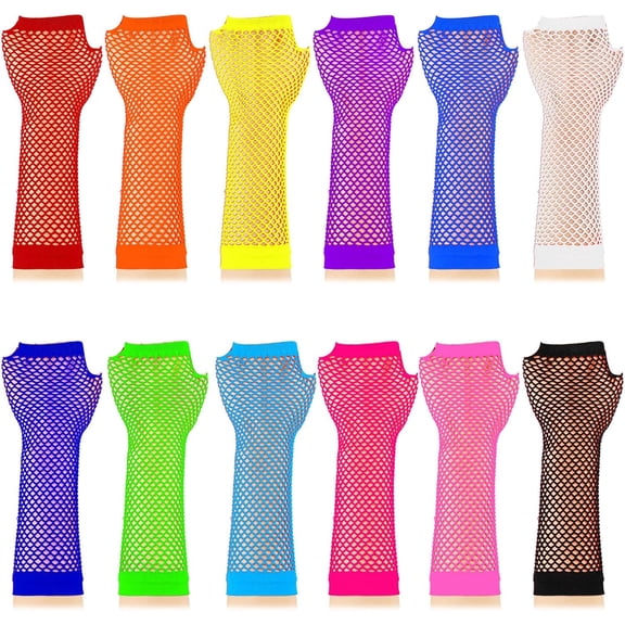 12 Pairs Fishnet Gloves Fingerless Neon Gloves for Women Men 80s Party Costume Accessories Supplies