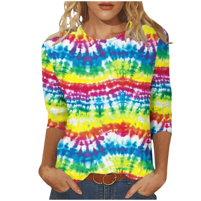 Wanfds Multicolor Ladies Tops 2025 Trendy Stylish Crew Neck Three-Quarter Sleeve Top S