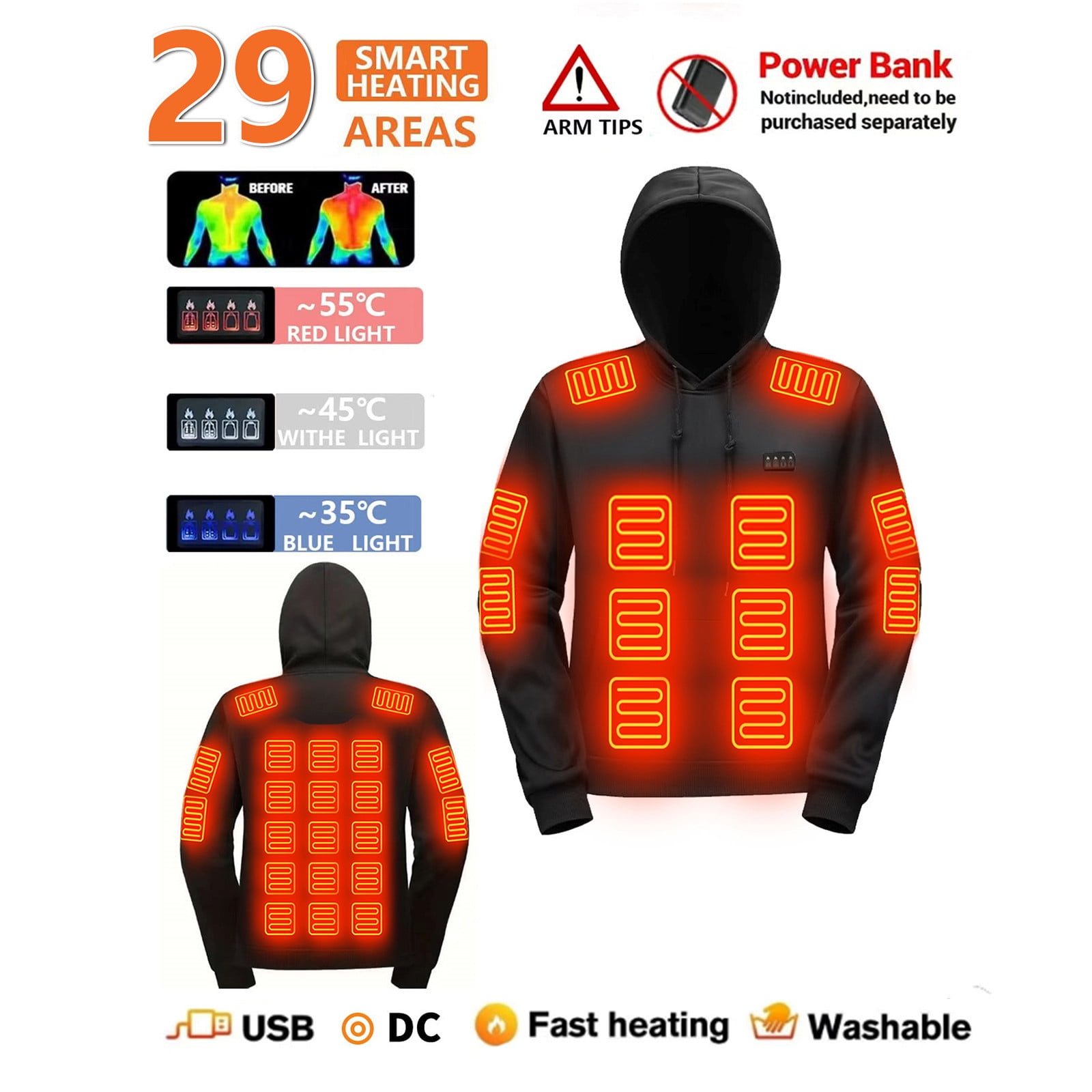 MELDVDIB Mens Heated Hoodies USB-Powered Electrical Heating Hooded Sweatshirt with 29 Adjustable Heating Zones Warm Outdoor Winter Wear