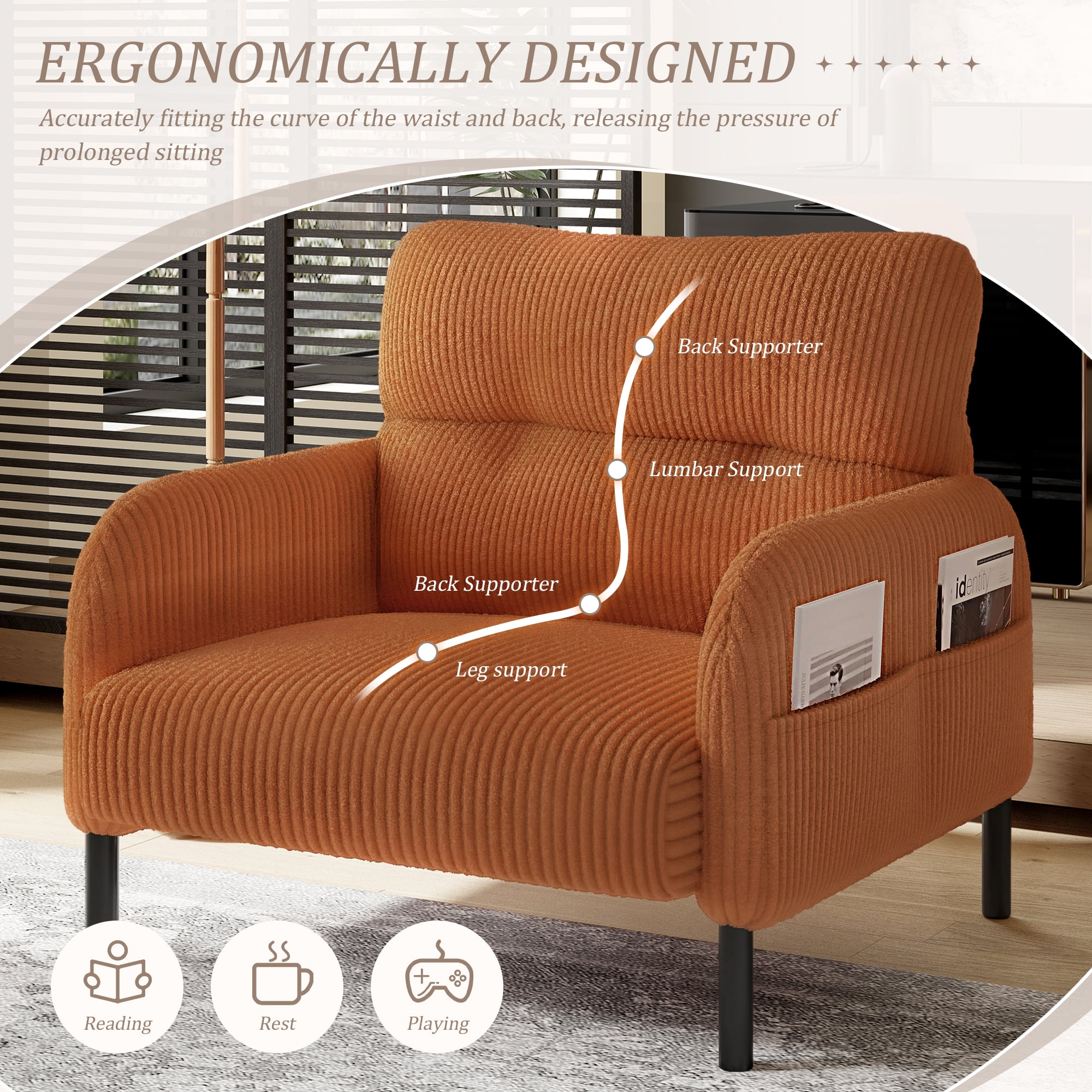 Modern Accent Chair,Armchair,Corduroy Fabric Sofa Chairs,Upholstered Armchair for Living Room,Bedroom,Office,Orange