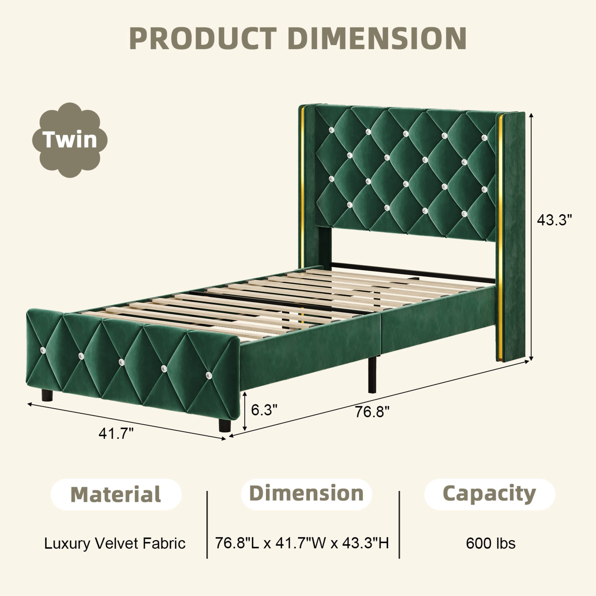 4 EVER WINNER Green Twin Velvet Bed Frame, Gold-Trim Button Tufted Headboard, No Box Spring Needed, Easy Assembly