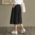 thumbnail image 6 of PBFRDSJ Cotton Linen Skirt for Women Elastic Waist Button Front Vintage Stretch A-Line Flared Casual Midi Skirts Peasant Trendy Skater with Pockets, 6 of 7