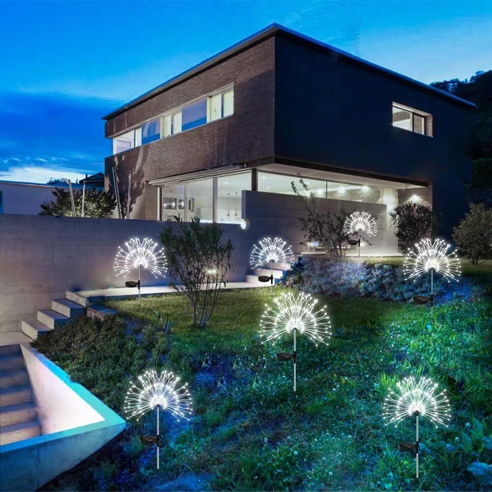 Solar Garden Firework Lights Outdoor Waterproof, 2 Pack Solar Powered Art Stake Twinkle Lighting for Outside Decor, 120 LED Sparklers String Lights for Yard Pathway Decorations(White)
