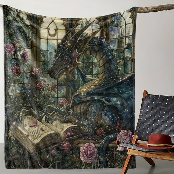 Vintage Dragon Reading Book Print Flannel Throw Blanket - Soft, Warm, Cozy Polyester Decorative Blanket with Floral Patterns - Ideal for Sofa, Bed, Travel, Office - Unique Dinosaur Design for All Sea