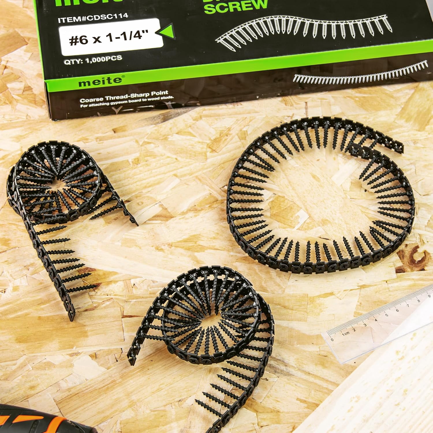 MEITE Collated Drywall Screws, 1-1/4 Inch Coarse Thread Wood Screws, 1,000 Count