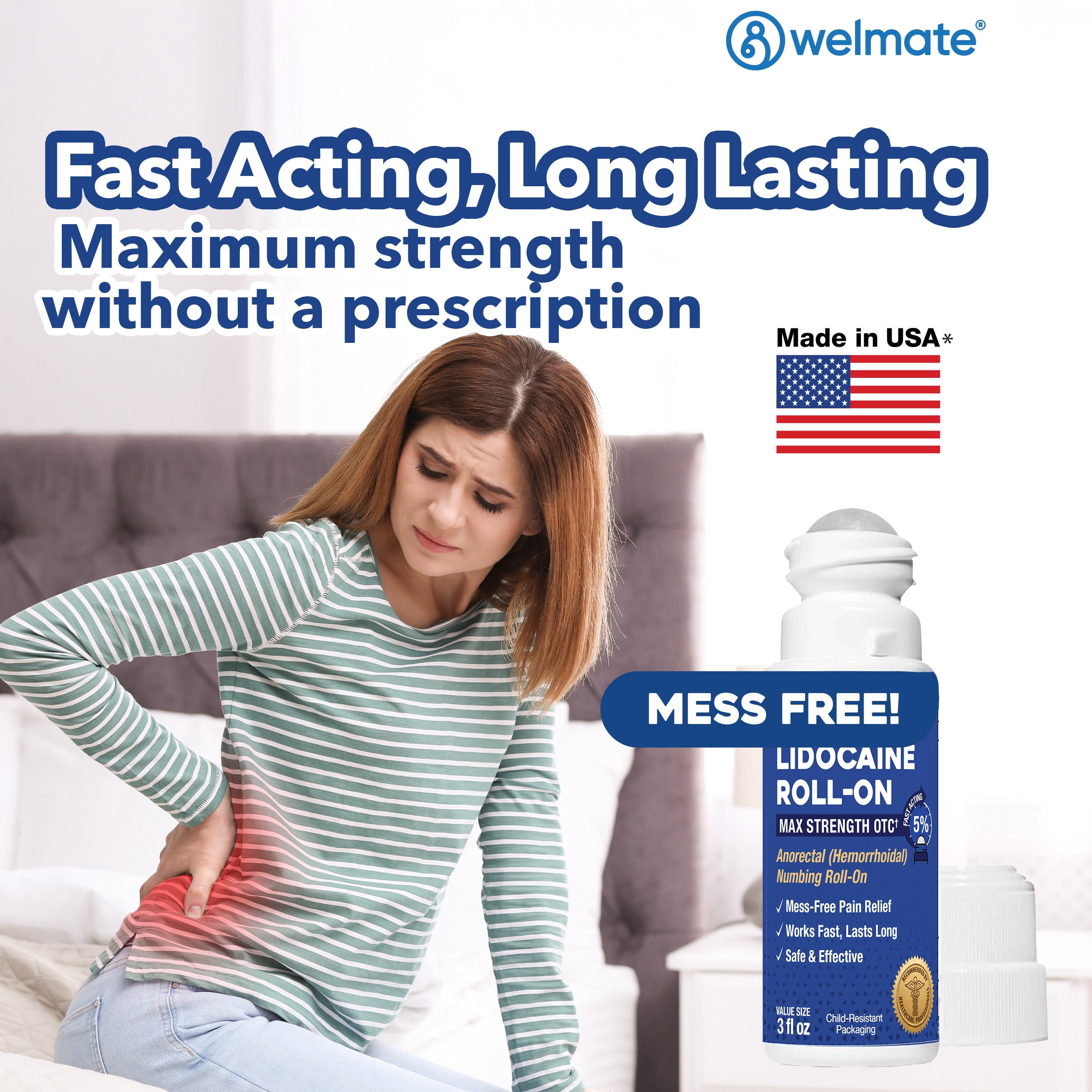 WELMATE 5% Lidocaine Roll-On 3 oz – Fast, Targeted Hemorrhoid Relief – No-Mess Roll-On Application