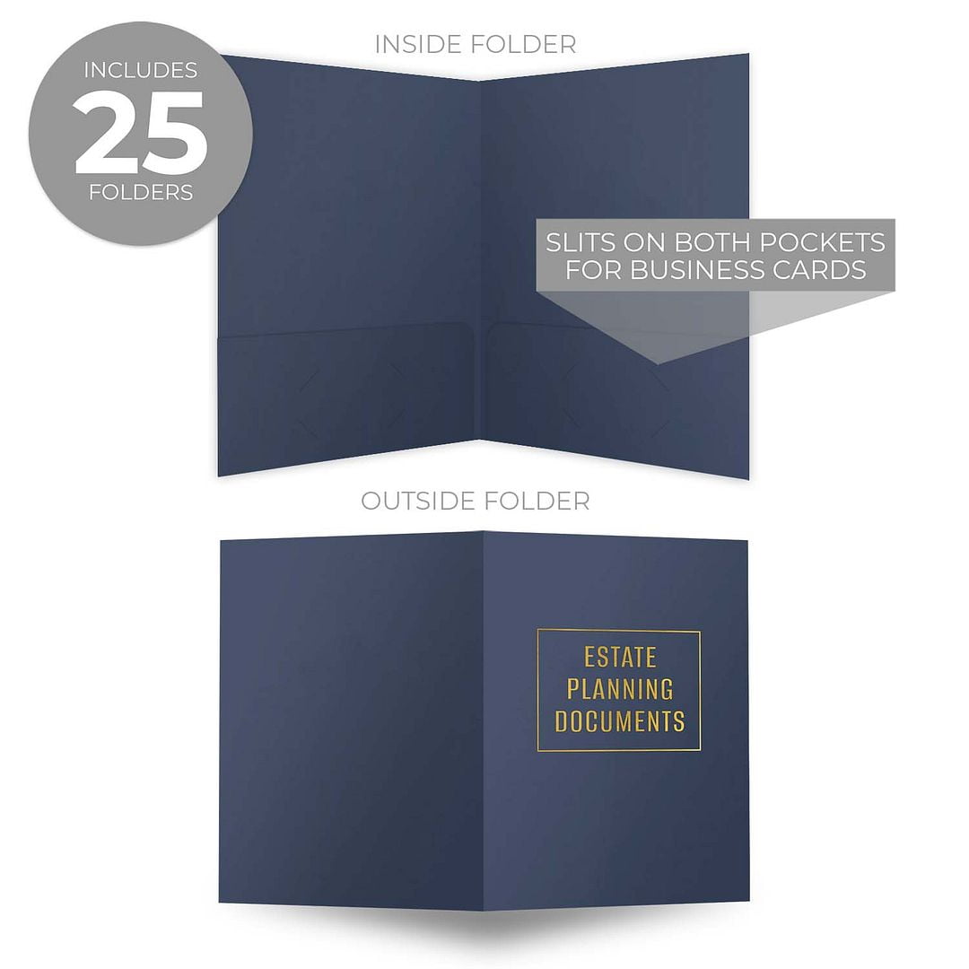 Professional Blue Linen Estate Planning Folders / 25 Sleek Navy Gold Foil Two Pocket Folders / 9" x 12" Financial Planning Presentation Folders / Made In The USA