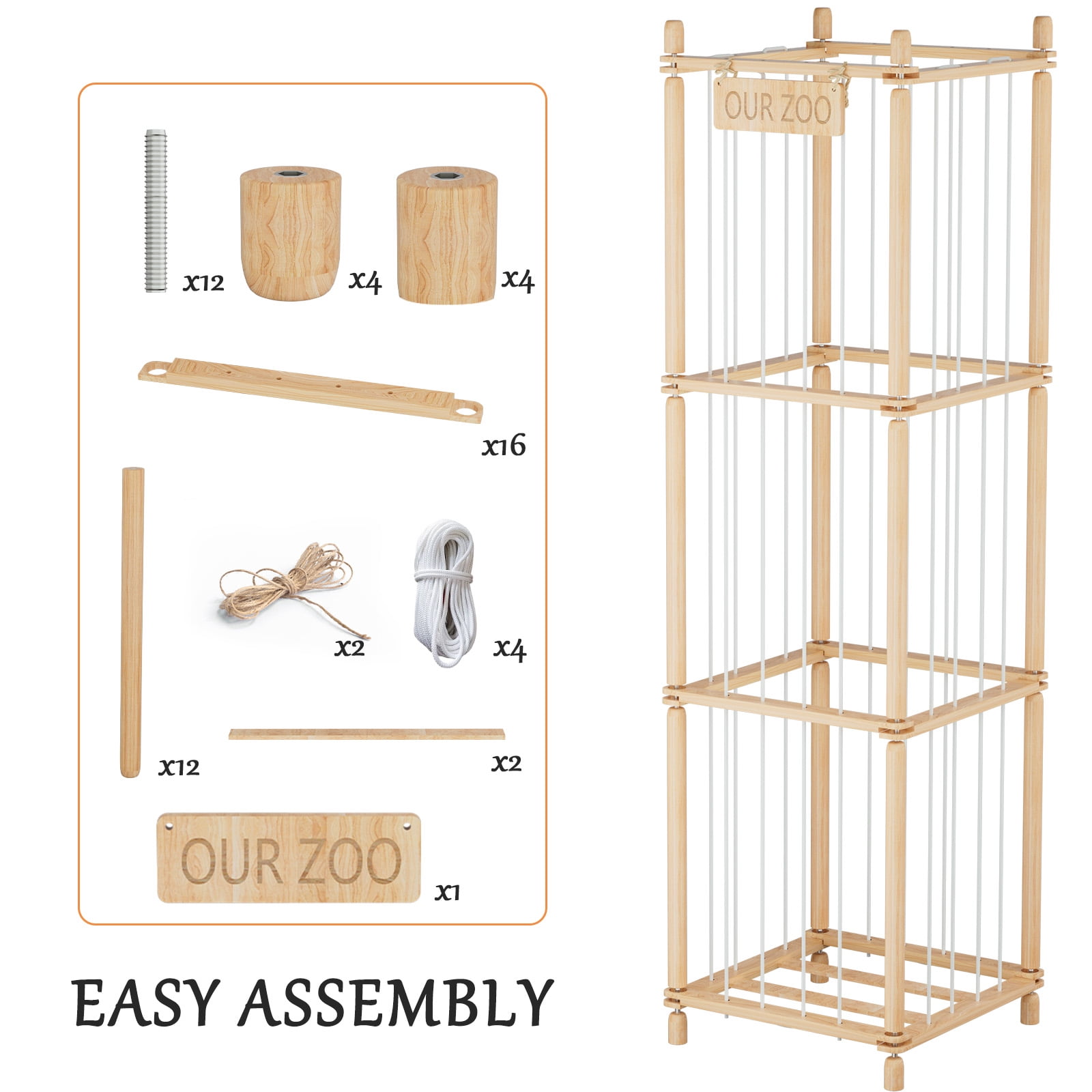 Stuffed Animal Storage Organizer, Wood Animals Zoo Toy Plushies Storage Holder, Large Capacity Plush Toy Cage for Playroom Organization, 15.7" Wide, Natural