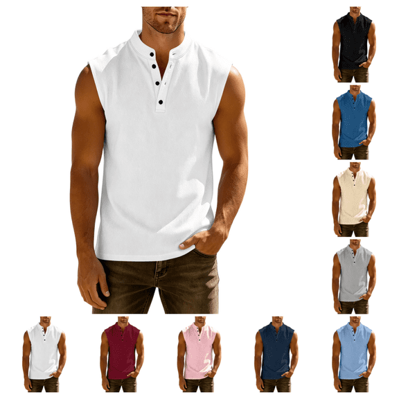 Men's Sleeveless T-Shirt Lightweight Breathable Shirt Summer Casual Business Shirt with Button-Up White 3XL