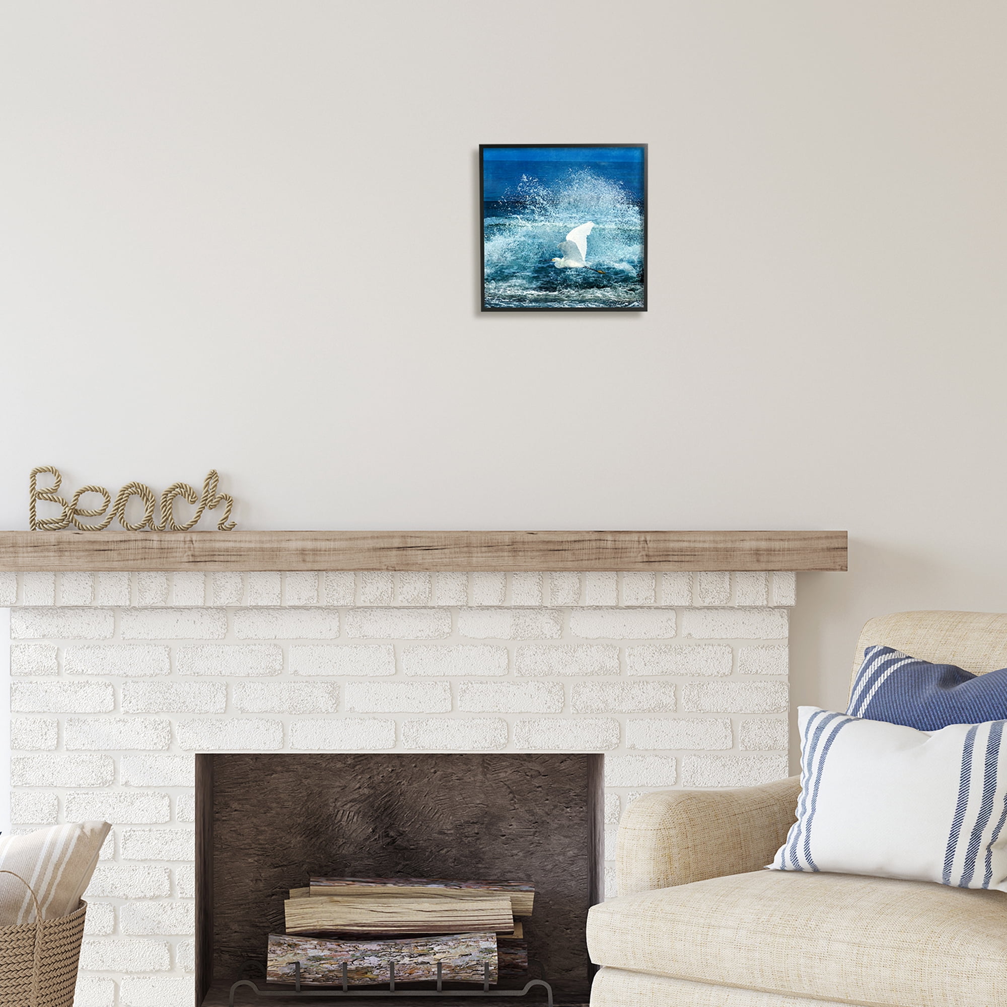 Stupell Industries Egret Flying Waves Splashing Coastal Painting Black Framed Art Print Wall Art