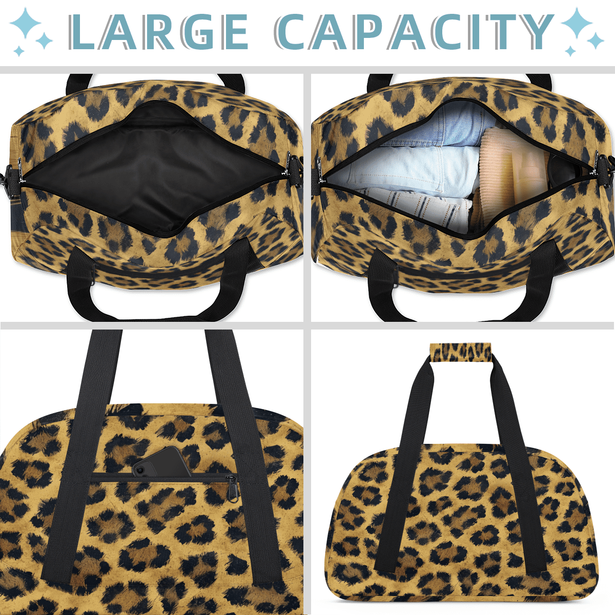 Herdesigns Leopard Sports Duffle Bag for Women & Men, Cheetah Print Gym Bag Dance Bag Overnight Bag Carry On Weekender Travel Bag