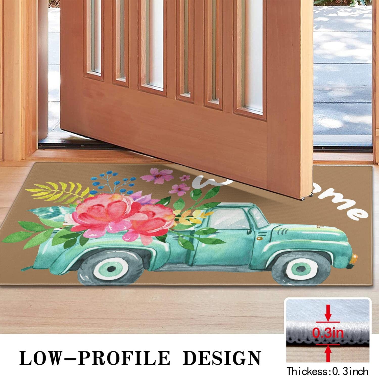 Truck Flower Spring Doormat Non-Slip Absorbent Resist Dirt Front Door Mat Machine Washable Welcome Mats Outdoor Inside Floor Rugs for Entryway 30" X 17"